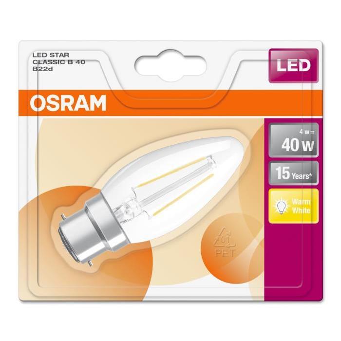 OSRAM Ampoule LED B22 flamme claire 4 W équivalent a 40 W blanc chaud