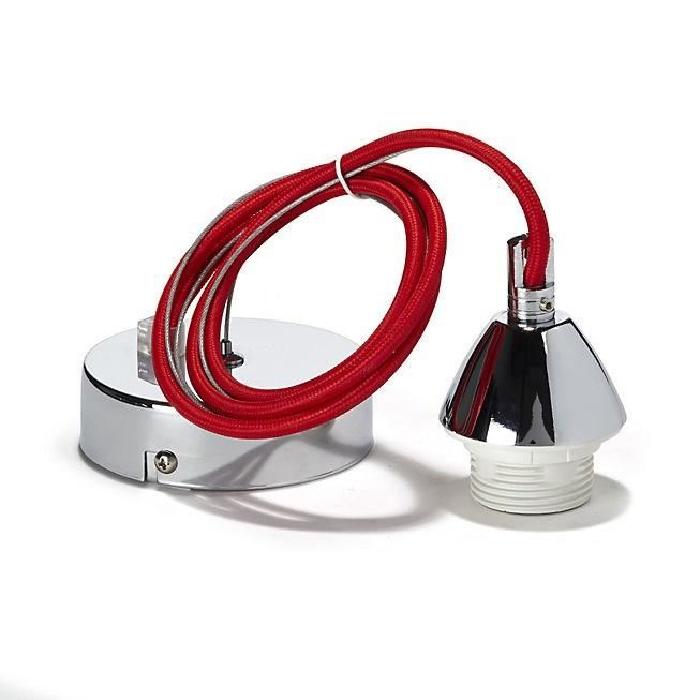 Cordon électrique pour suspension douille E27 60W max, câble tissu tressé rouge, filin métallique et support chromé longueur