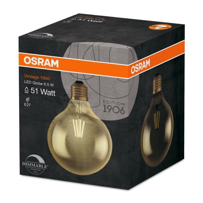 OSRAM Ampoule LED E27 Globe G125 vintage édition 1906 6,5 W équivalent a 51 W blanc chaud dimmable