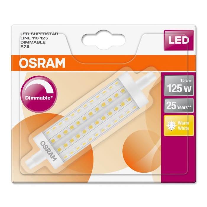 OSRAM Ampoule crayon LED 118 mm R7S 15 W équivalent a 125 W blanc chaud dimmable