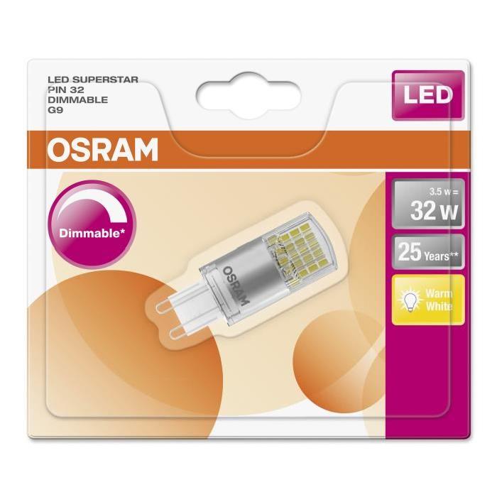 OSRAM Ampoule capsule LED G9 dépolie 3,5 W équivalent a 32 W blanc chaud dimmable