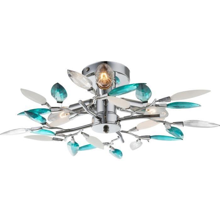 GLOBO LIGHTING Plafonnier - Cristaux acryliques - ř 45 cm - Hauteur 15 cm - Chrome et turquoise transparent