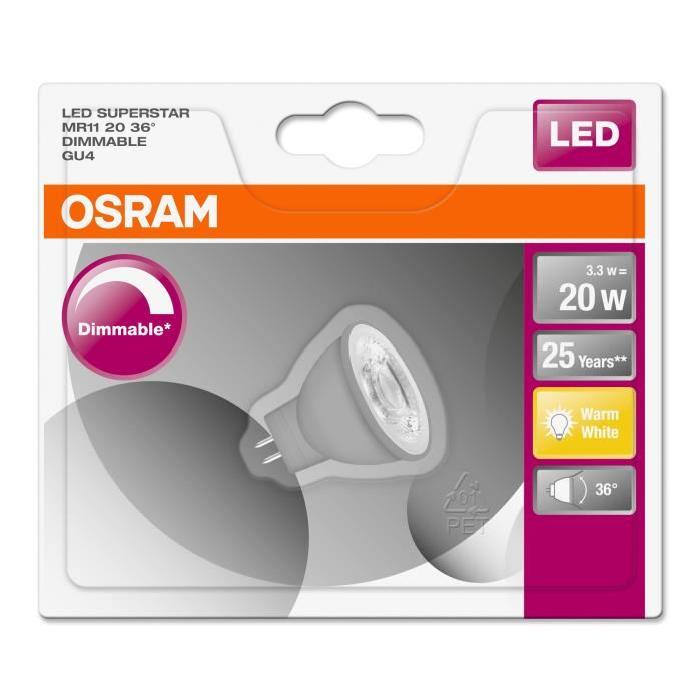 OSRAM Ampoule spot LED MR11 GU4 3,3 W équivalent a 20 W blanc chaud dimmable