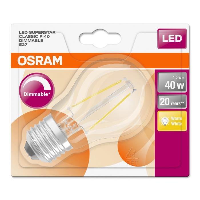 OSRAM Ampoule LED E27 sphérique claire 4,5 W équivalent a 40 W blanc chaud dimmable