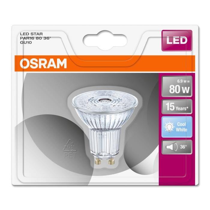 OSRAM Ampoule Spot LED PAR16 GU10 6,9 W équivalent a 80 W blanc froid