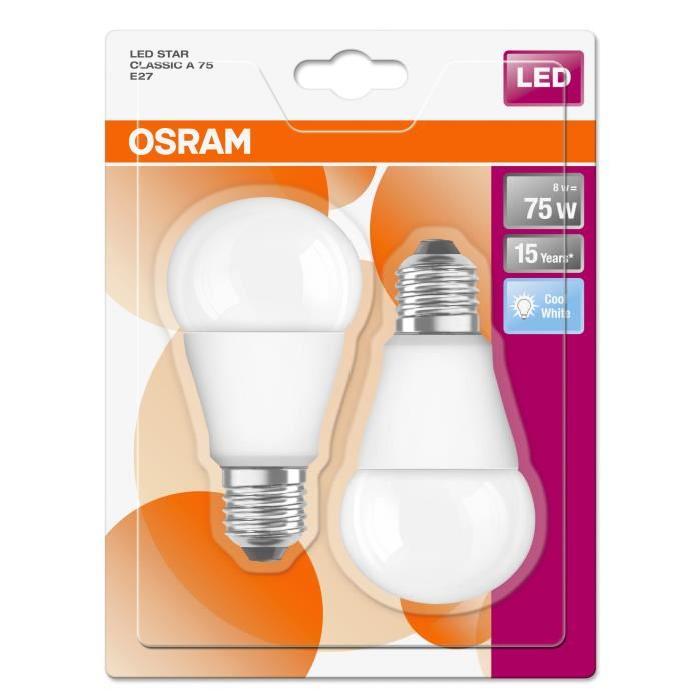 OSRAM Lot de 2 Ampoules LED E27 standard dépolie 8 W équivalent a 75 W blanc froid