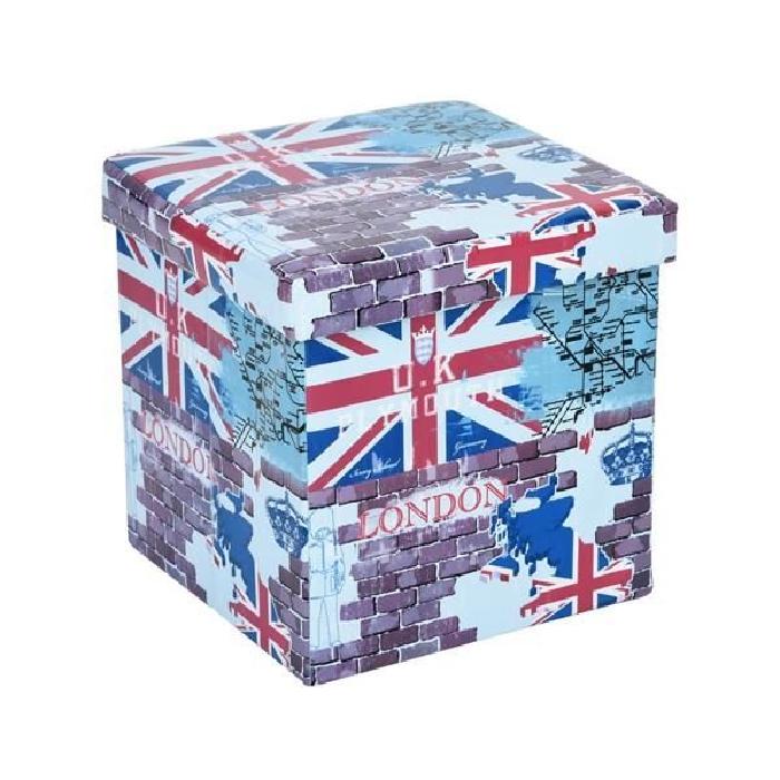 GAVIN Pouf coffre de rangement - 38x38x38 cm -Imprimé London