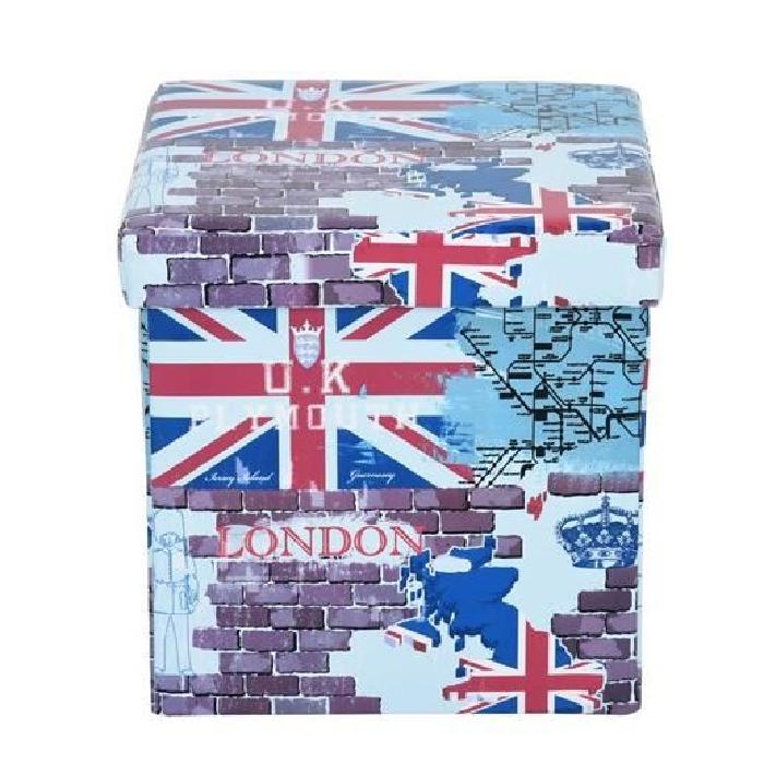 GAVIN Pouf coffre de rangement - 38x38x38 cm -Imprimé London