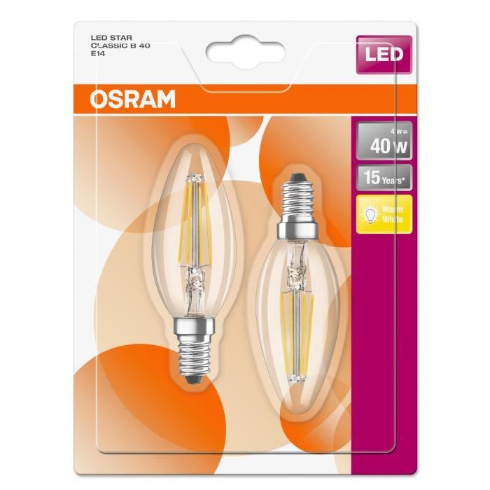 OSRAM Lot de 2 Ampoules LED E14 flamme claire 4 W équivalent a 40 W blanc chaud