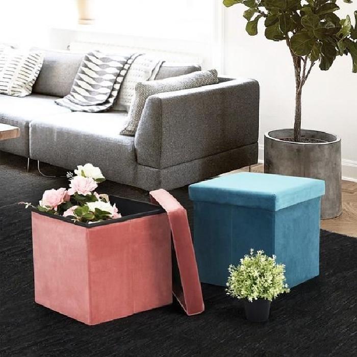 GAVIN Pouf coffre de rangement en velours rose - 77x38x37,5 cm - Structure en MDF