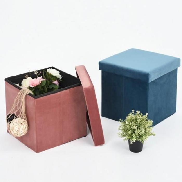 GAVIN Pouf coffre de rangement en velours bleu - 38x38x38 cmStructure en MDF