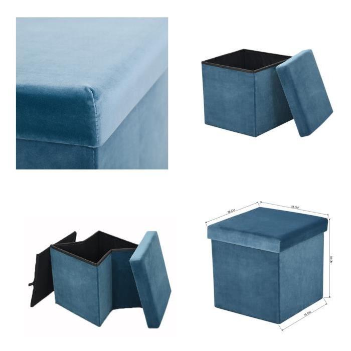 GAVIN Pouf coffre de rangement en velours bleu - 38x38x38 cmStructure en MDF