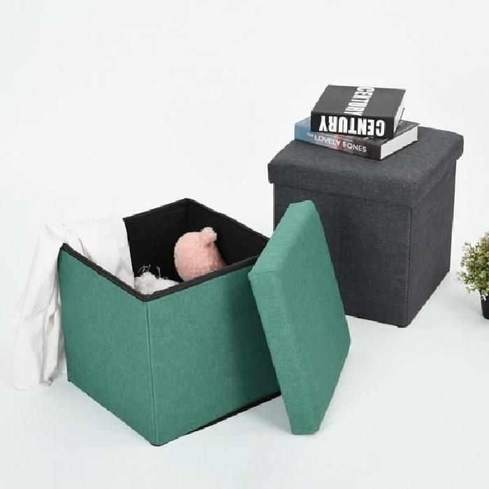 GAVIN Pouf coffre de rangement en tissu vert - 38x38x38 cm - Repliable