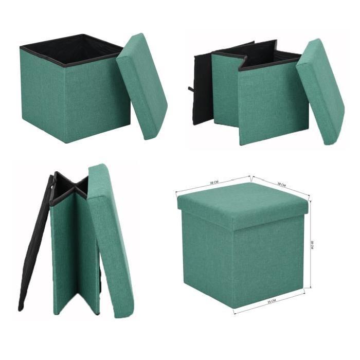 GAVIN Pouf coffre de rangement en tissu vert - 38x38x38 cm - Repliable