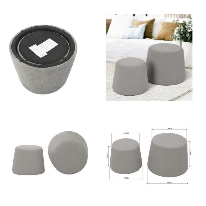 CLIFF Lot de 2 poufs en velours - GM 48x48x36cm et PM 37x37x31cm - Gris