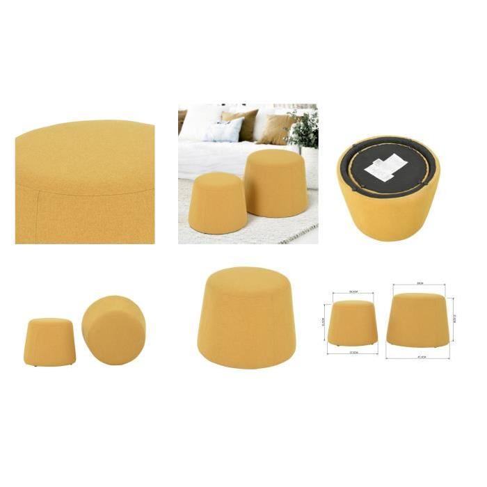 CLIFF Lot de 2 poufs en velours - GM 48x48x36cm et PM 37x37x31cm - Jaune