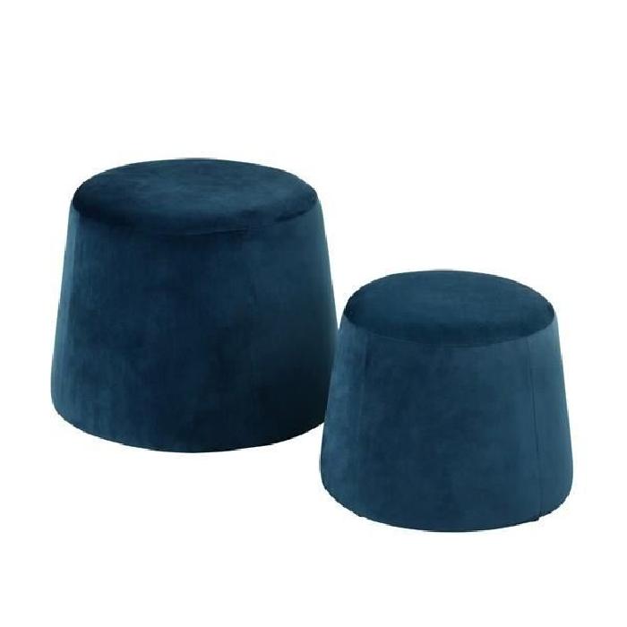 CLIFF Lot de 2 poufs en velours - GM 48x48x36cm et PM 37x37x31cm - Bleu