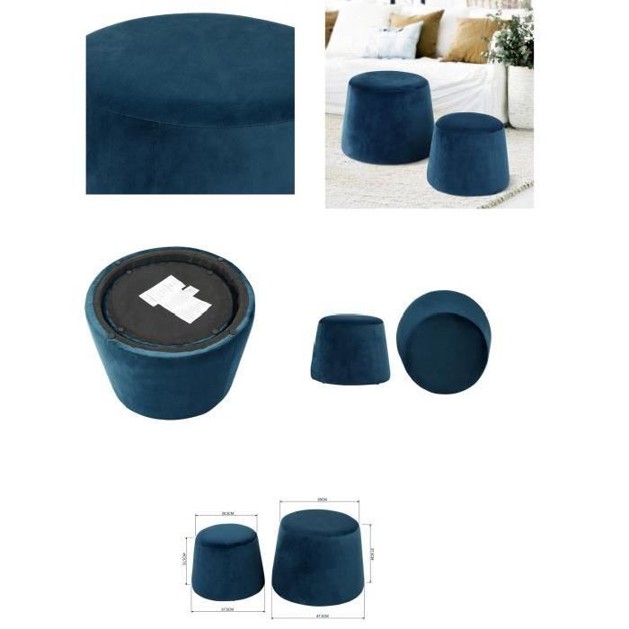 CLIFF Lot de 2 poufs en velours - GM 48x48x36cm et PM 37x37x31cm - Bleu