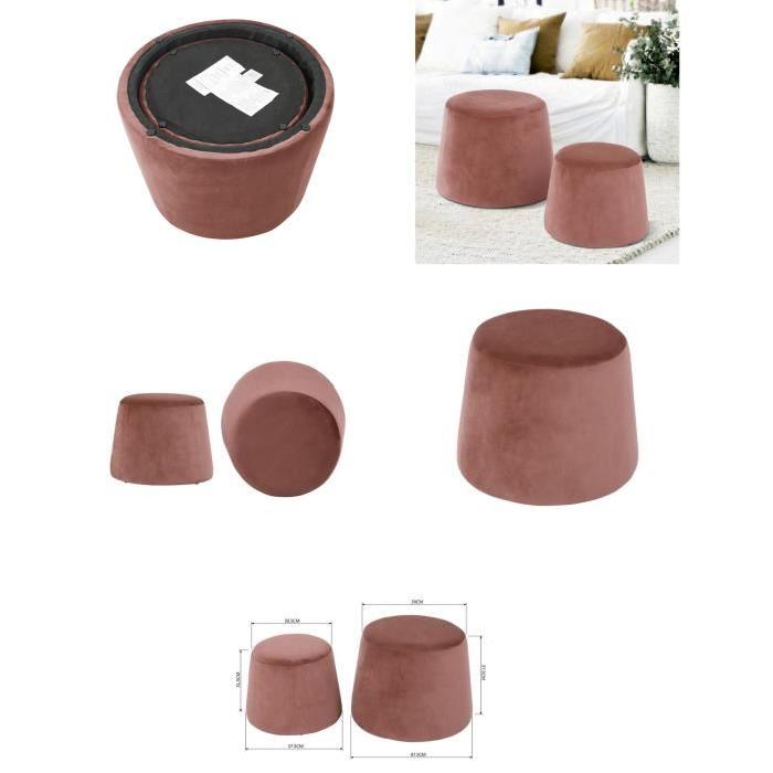 CLIFF Lot de 2 poufs en velours - GM 48x48x36cm et PM 37x37x31cm -Rose