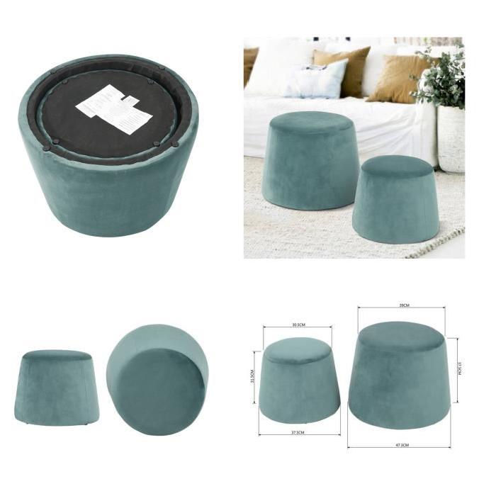 CLIFF Lot de 2 poufs en velours - GM 48x48x36cm et PM 37x37x31cm - Aqua vert