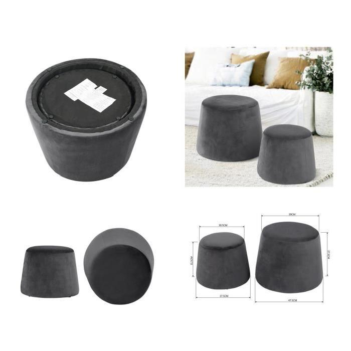 CLIFF Lot de 2 poufs en velours -GM 48x48x36cm et PM 37x37x31cm - Gris