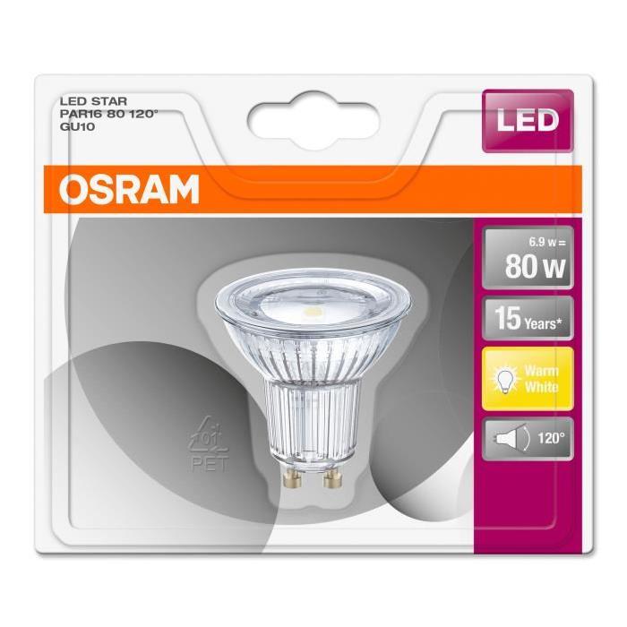 OSRAM Ampoule Spot LED PAR16 GU10 6,9 W équivalent a 80 W blanc chaud