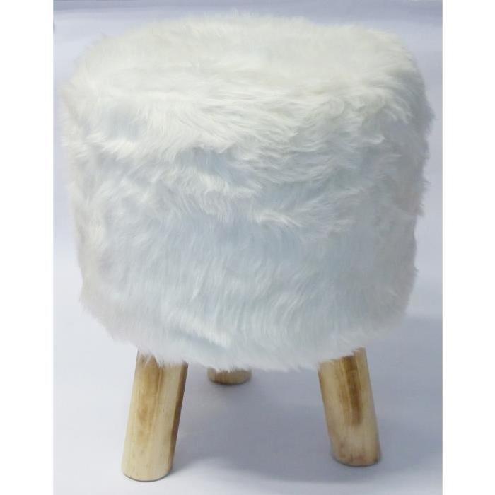 Pouf rond en fausse fourrure et pieds en pin Chic Ř32 H38 cm blanc et marron