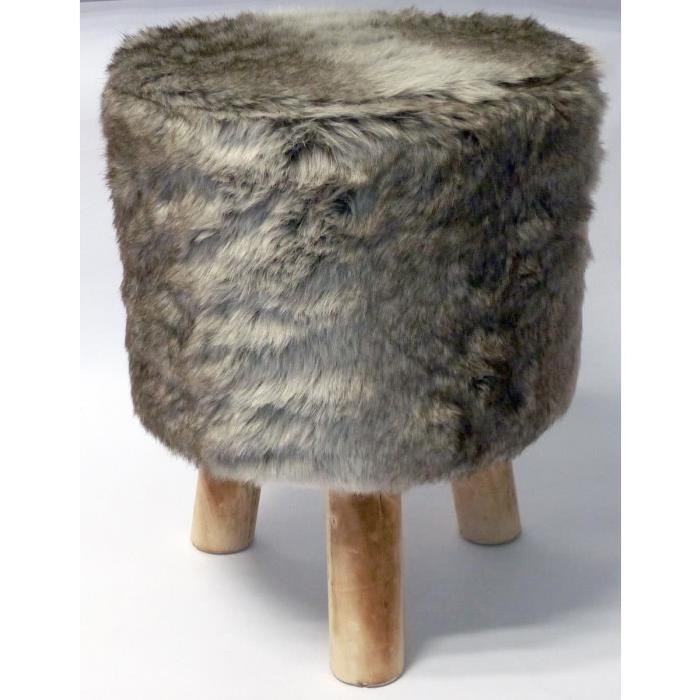 Pouf rond en fausse fourrure et pieds en pin Chic Ř32 H38 cm brun et marron