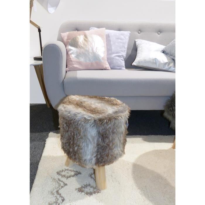 Pouf rond en fausse fourrure et pieds en pin Chic Ř32 H38 cm brun et marron