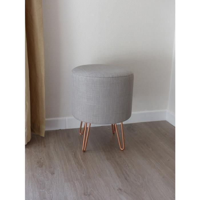 Pouf rond gris et pieds cuivrés pastel Ř30 H38 cm