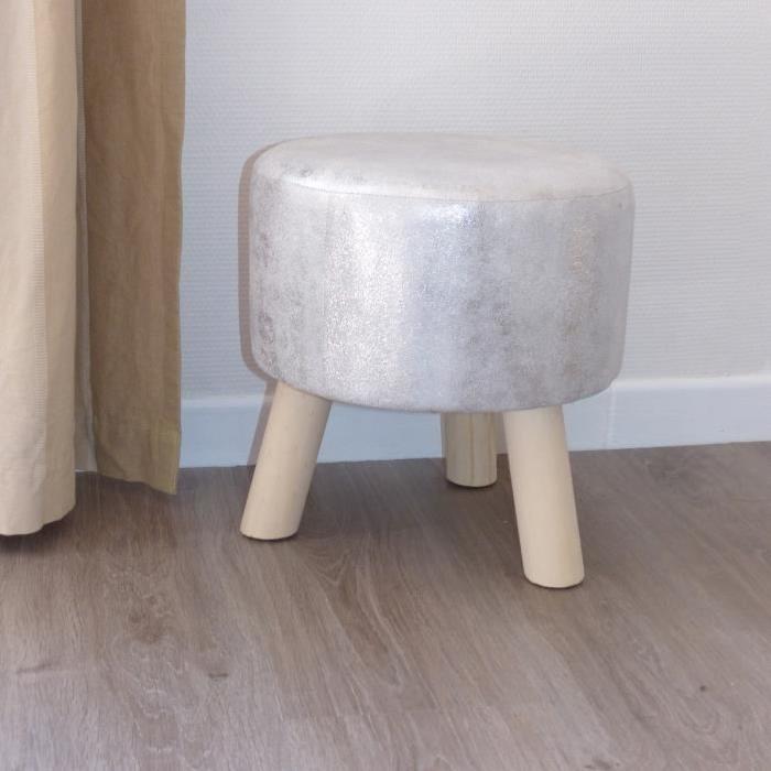 Pouf trépied argenté et pieds en pin Pearly Ř32 H34 cm