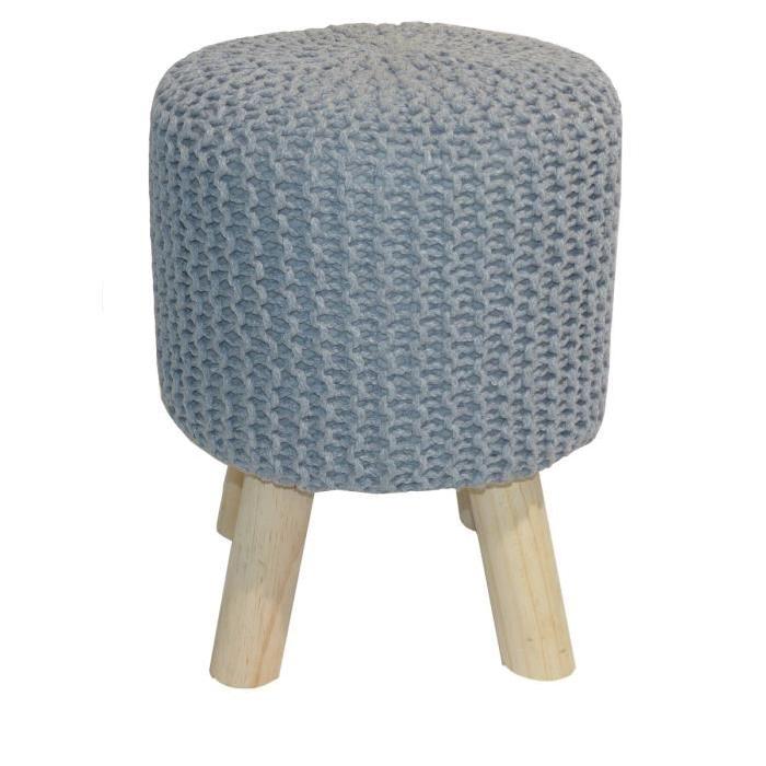 Pouf rond gris et peids en bois Tricot Ř30 H38 cm