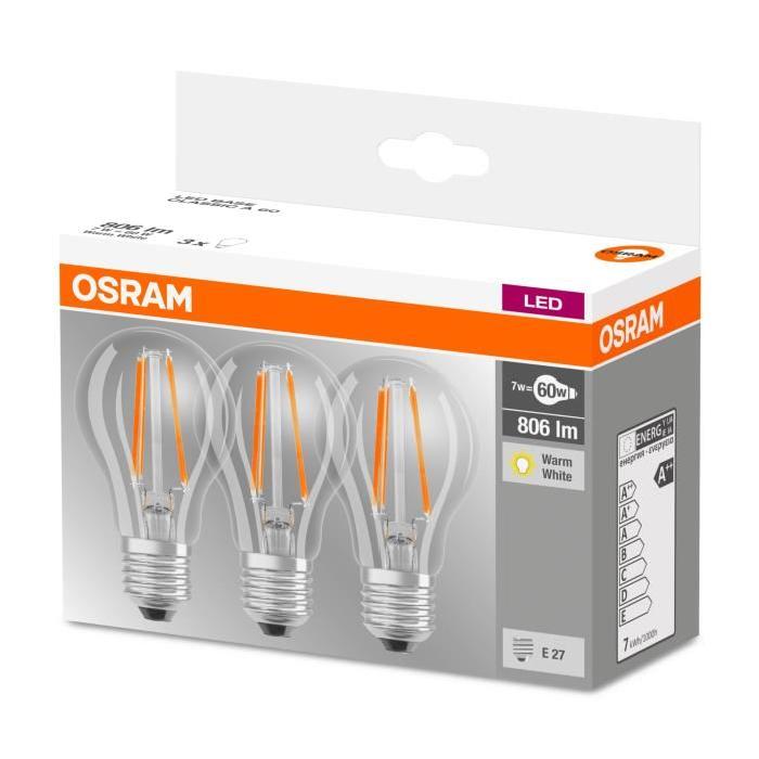 OSRAM Lot de 3 Ampoules LED E27 standard claire 7 W équivalent a 60 W blanc chaud