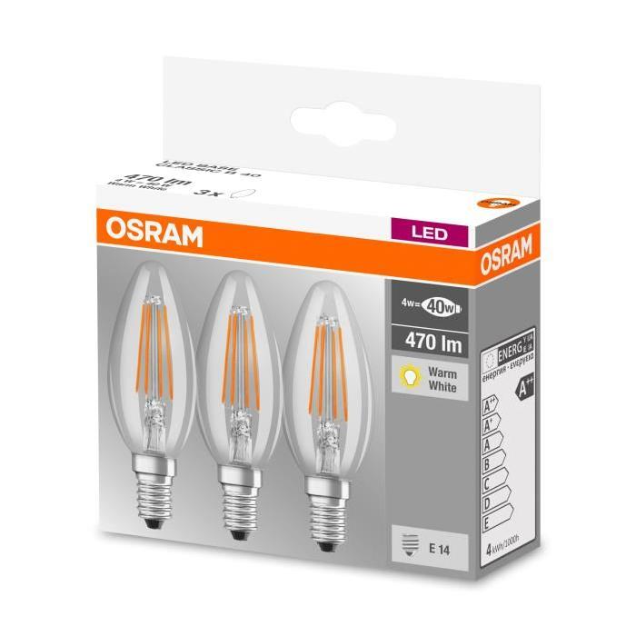 OSRAM Lot de 3 Ampoules LED E14 flamme claire 4 W équivalent a 40 W blanc chaud