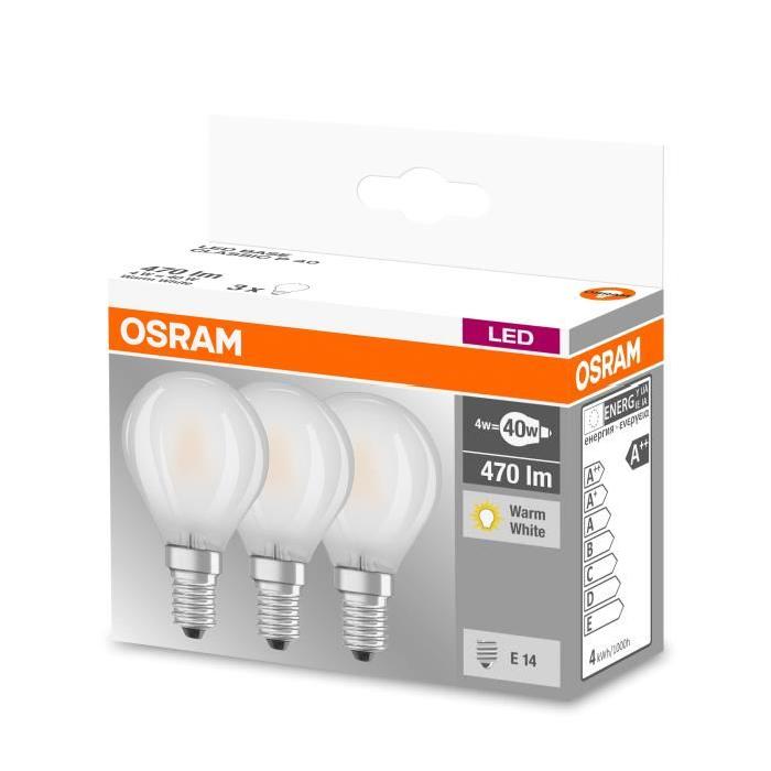 OSRAM Lot de 3 Ampoules LED E14 sphérique dépolie 4 W équivalent a 40 W blanc chaud