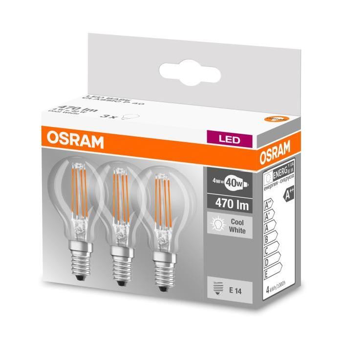 OSRAM Lot de 3 Ampoules LED E14 sphérique claire 4 W équivalent a 40 W blanc froid