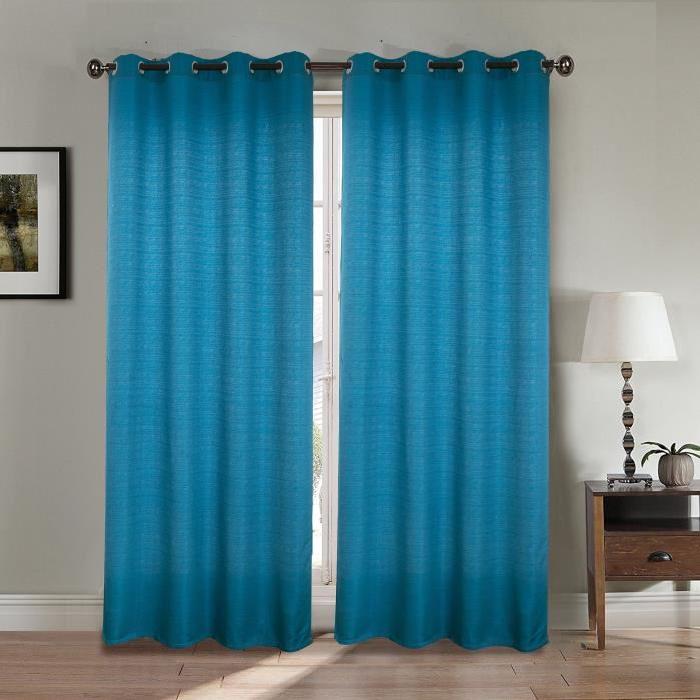 Paire double rideaux - 2x140x260 cm - Effet lin - Bleu