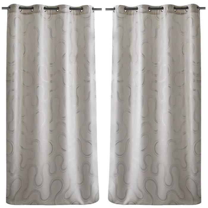 Paire de double rideaux occultant motif sinueux 140x260cm blanc