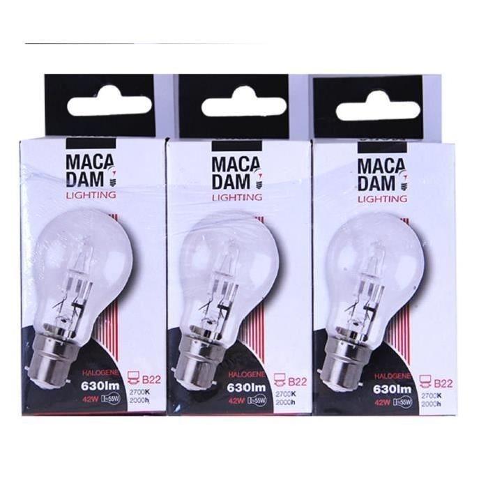 MACADAM LIGHTING Lot de 3 ampoules économique halogene standard B22 42 W équivalent a 100 W blanc chaud dimmable