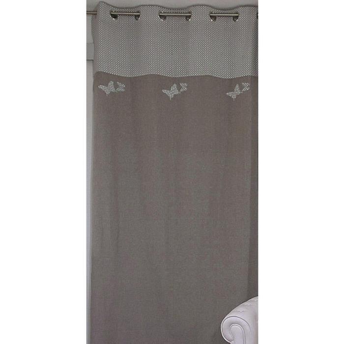 SOLEIL D'OCRE Rideau brodé Butterfly 100% coton 140x240 cm gris et écru