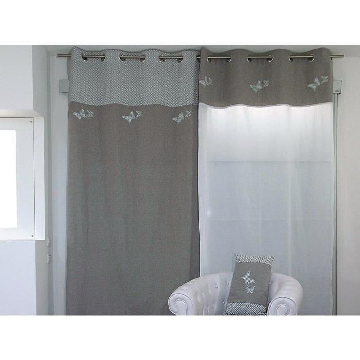 SOLEIL D'OCRE Rideau brodé Butterfly 100% coton 140x240 cm gris et écru