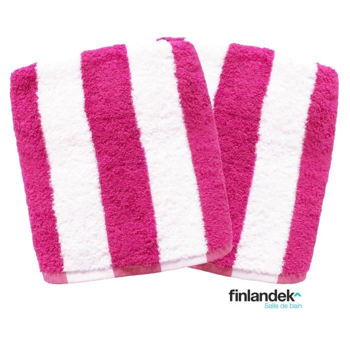 FINLANDEK Lot de 2 serviettes de toilette 50x100 cm rayées fushia