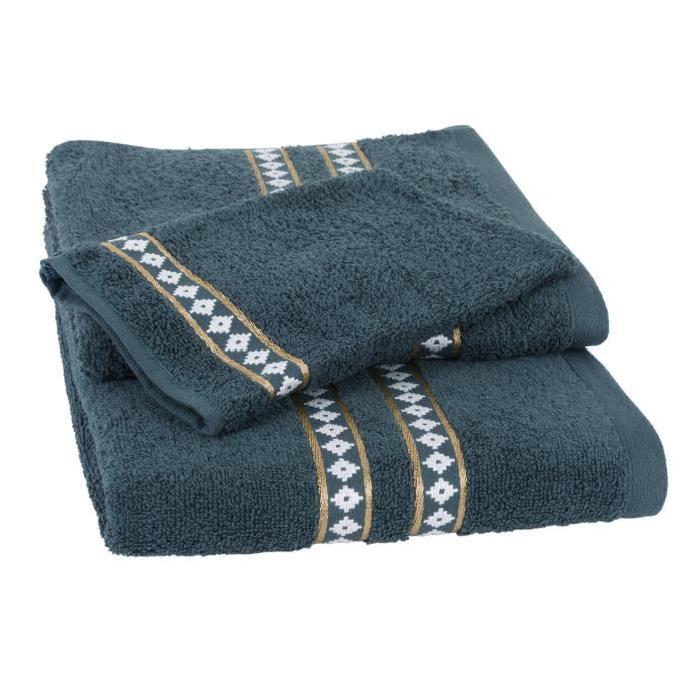 JULES CLARYSSE Lot de 1 serviette + 1 drap de bain + 1 gant de toilette GOLD TILE - Bleu Vert