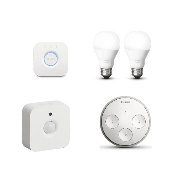 PHILIPS Hue Pack lumiere connectée avec 2 ampoules E27 60 W - Interrupteur Tap et Sensor