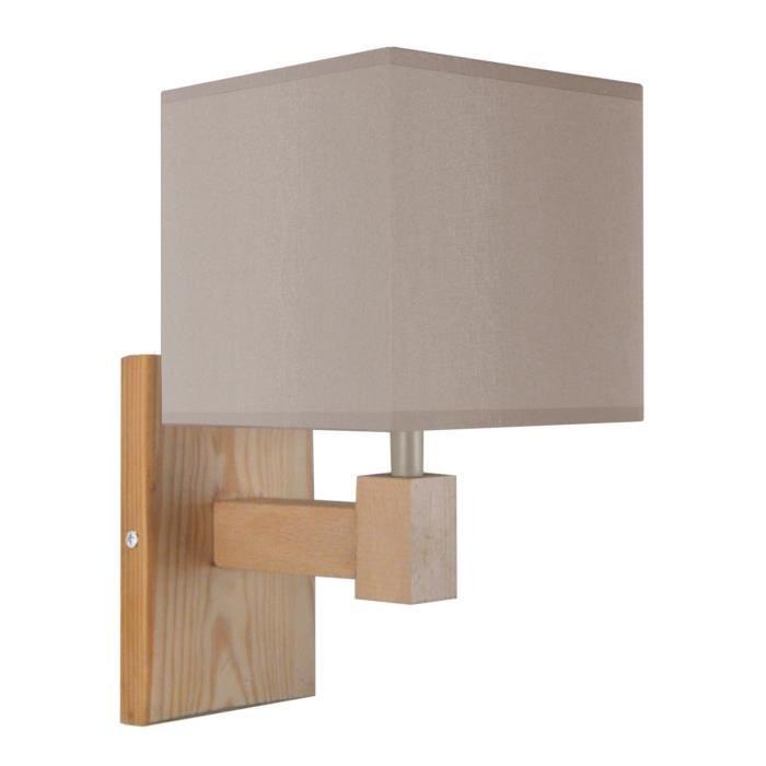 Applique Frigga - Bois carré tube, abat jour carré coton - Bois naturel / Taupe - E14 40W