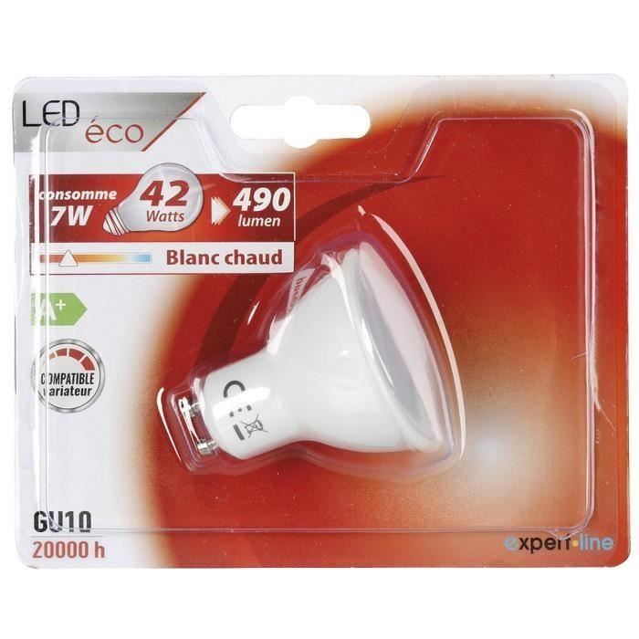 EXPERTLINE Lot de 2 Ampoules LED GU10 7 W équivalent a 42 W blanc chaud compatible variateur