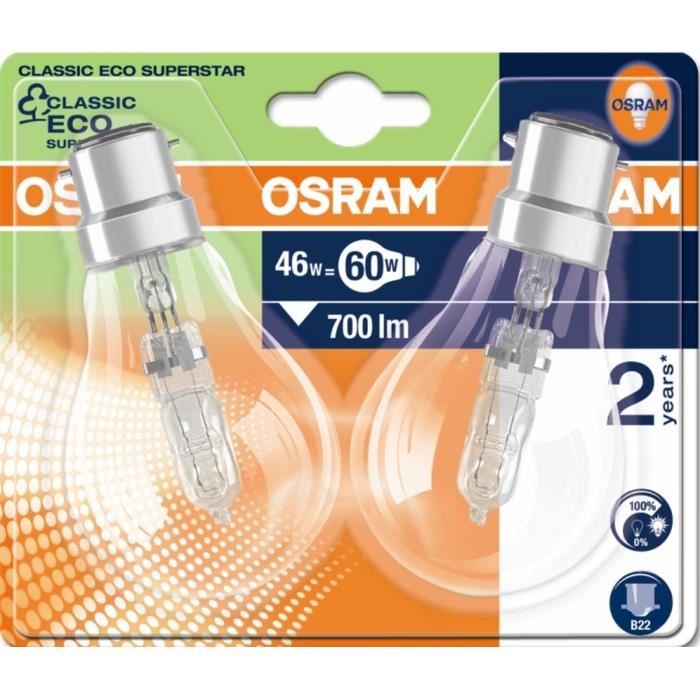 OSRAM Lot de 2 ampoules Eco-Halogenes B22 46 W équivalent a 60 W forme classique