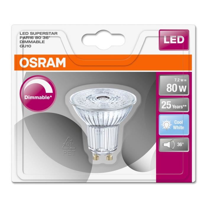 OSRAM Ampoule Spot LED PAR16 GU10 7,2 W équivalent a 80 W blanc froid dimmable