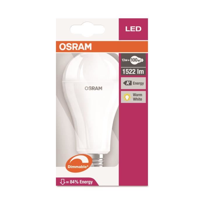 OSRAM Ampoule LED E27 standard dépolie 14,5 W équivalent a 100 W blanc chaud dimmable