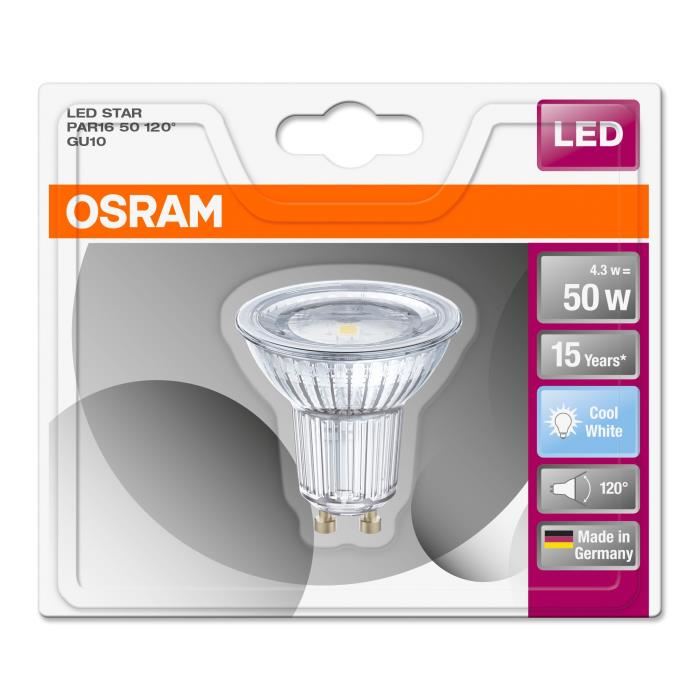 OSRAM Ampoule Spot LED PAR16 GU10 4,3 W équivalent a 50 W blanc froid